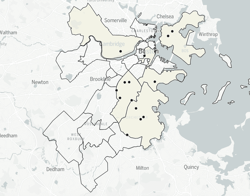 A map of Greater Boston showing the neighborhoods where residents sat down for a series of small-group community conversations to answer the question: What does wealth mean to you?
