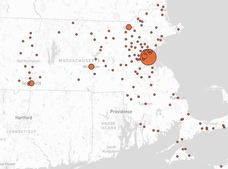 A dot map of Massachusetts by town showing the number of public events Governor Maura Healey has attended since she took office.