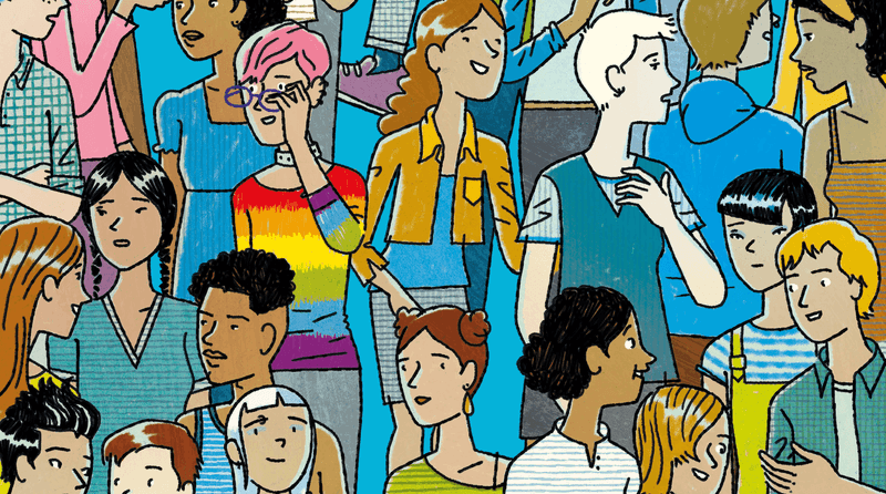 A colorful illustration of a group of teens on a light blue background of various genders and ethnicities chatting with each other.