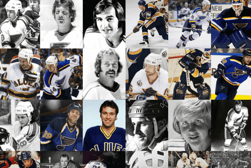 In the top left corner, a dark blue rectangle with the text 'St. Louis Blues Top 50 Players of All Time.' Surrounding the text is a mosaic of photos of past and present St. Louis Blues players.